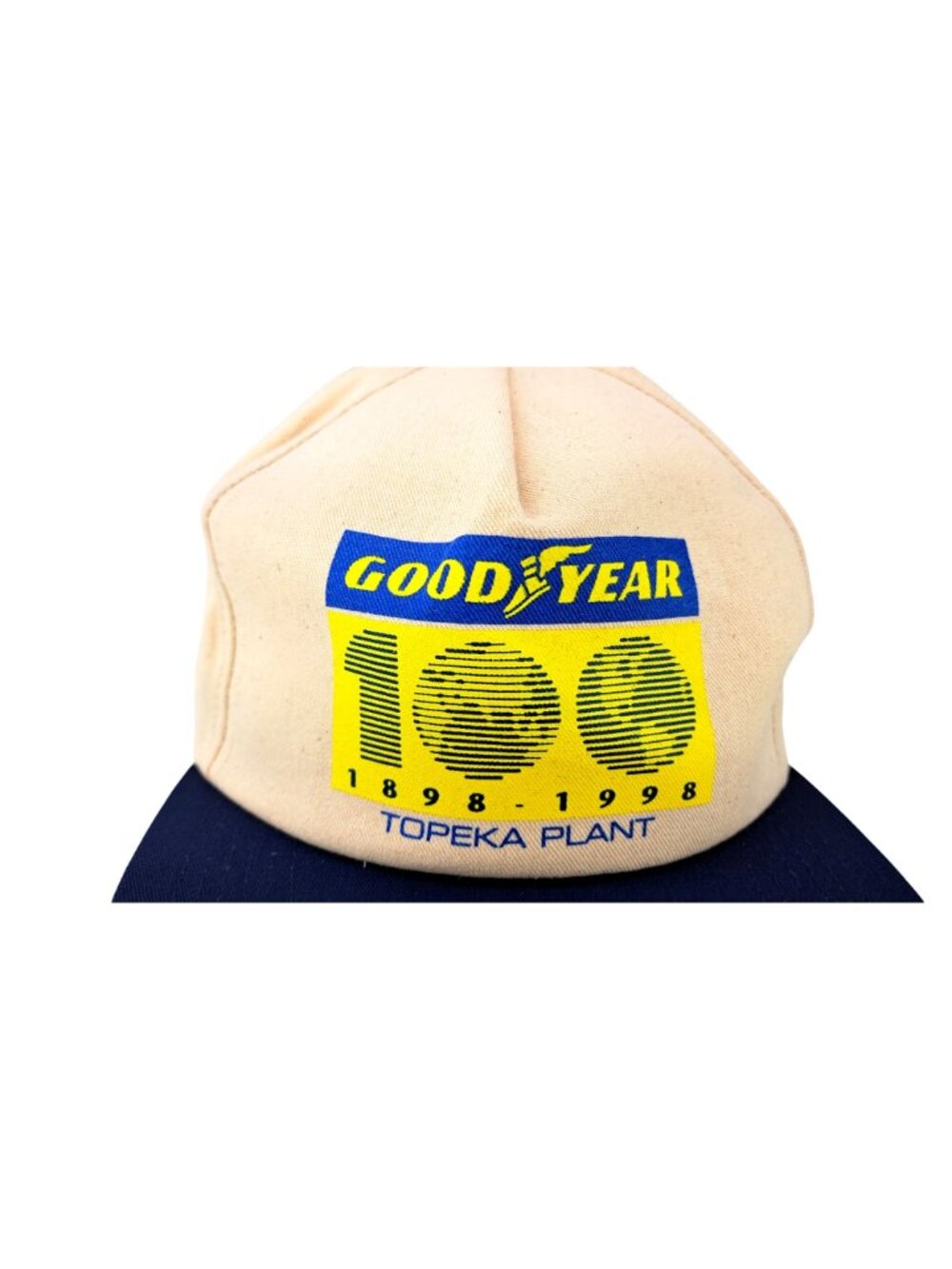Vintage Goodyear 100th Anniversary Topeka Kansas Plant Snapback Hat Tan Blue New - Picture 2 of 8